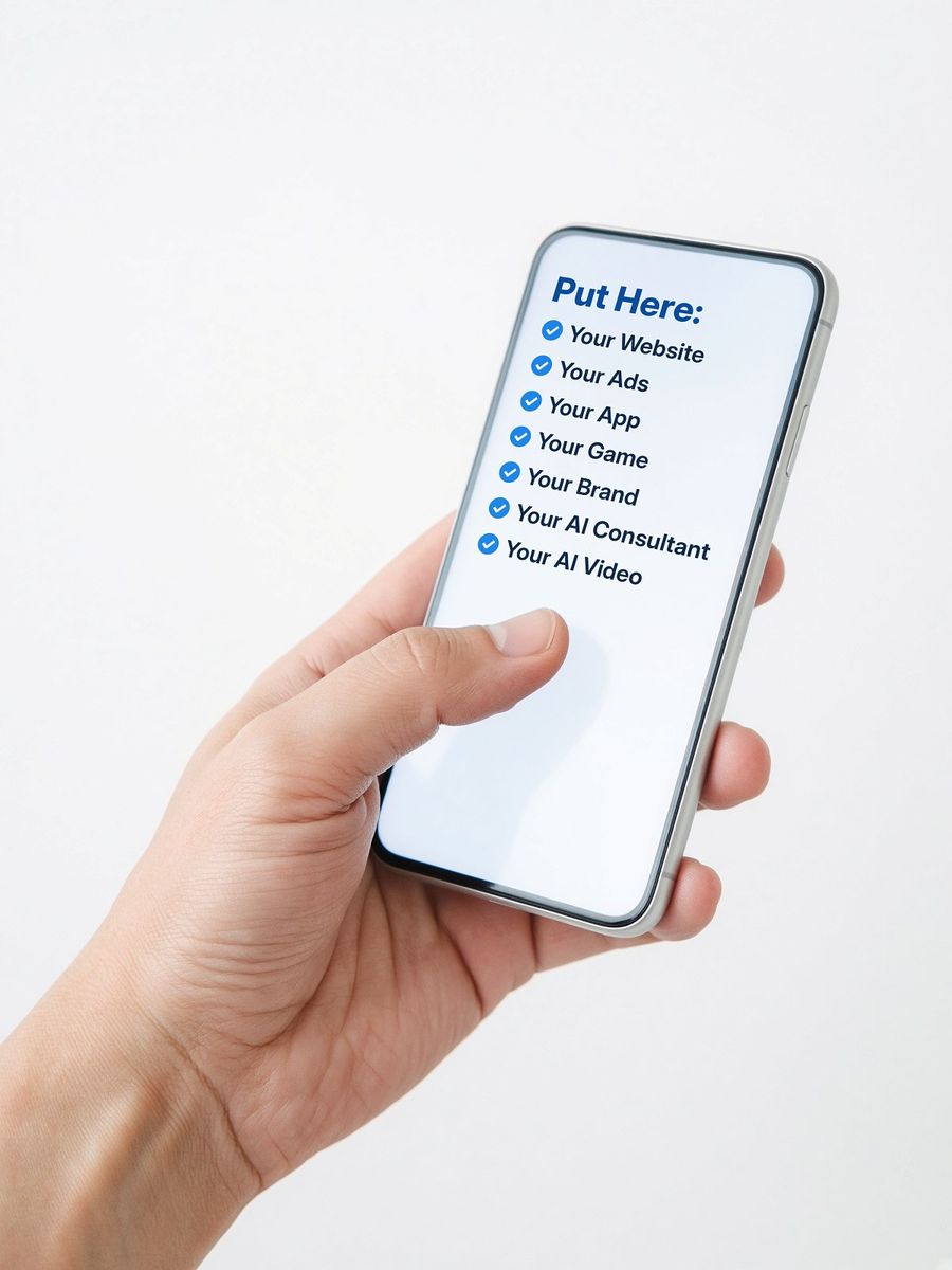 Hand holding a phone: put your website, ads, app, game, brand, AI consultant or AI video here
